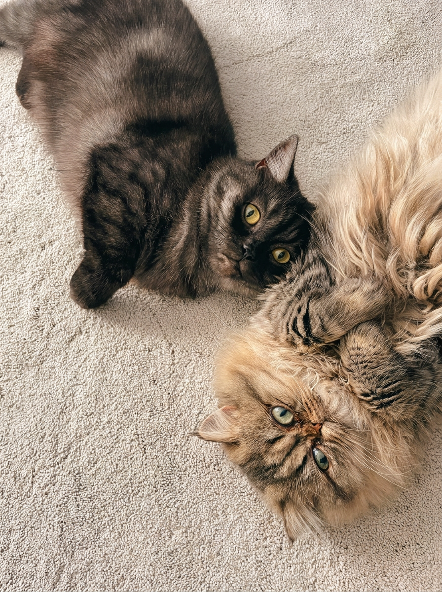 Twee katten liggen ontspannen naast elkaar op een licht vloerkleed