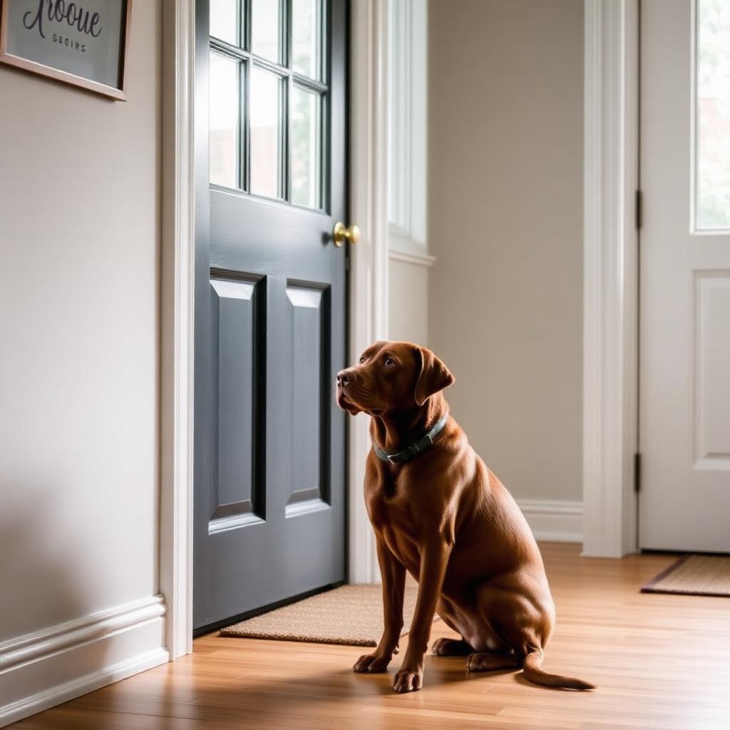 Bruine labrador zit rustig bij de voordeur in een lichte hal