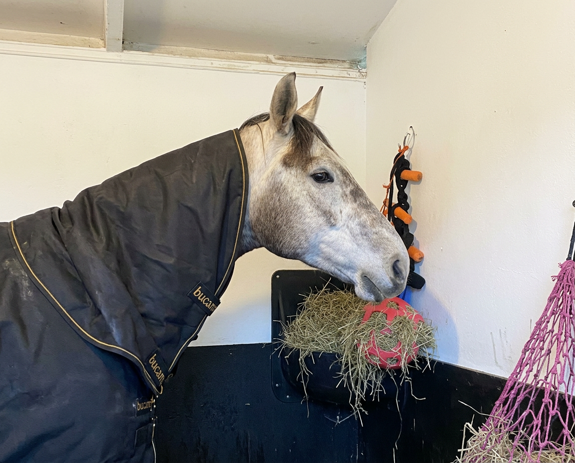 Donkerbruin paard eet uit een hangend hooinet met kleine mazen in een houten stal