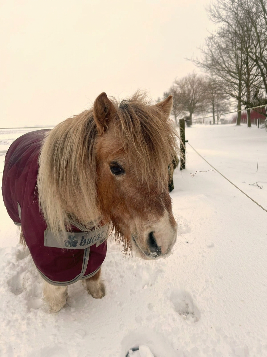 Bruin paard met dikke wintervacht staat in een besneeuwde paddock